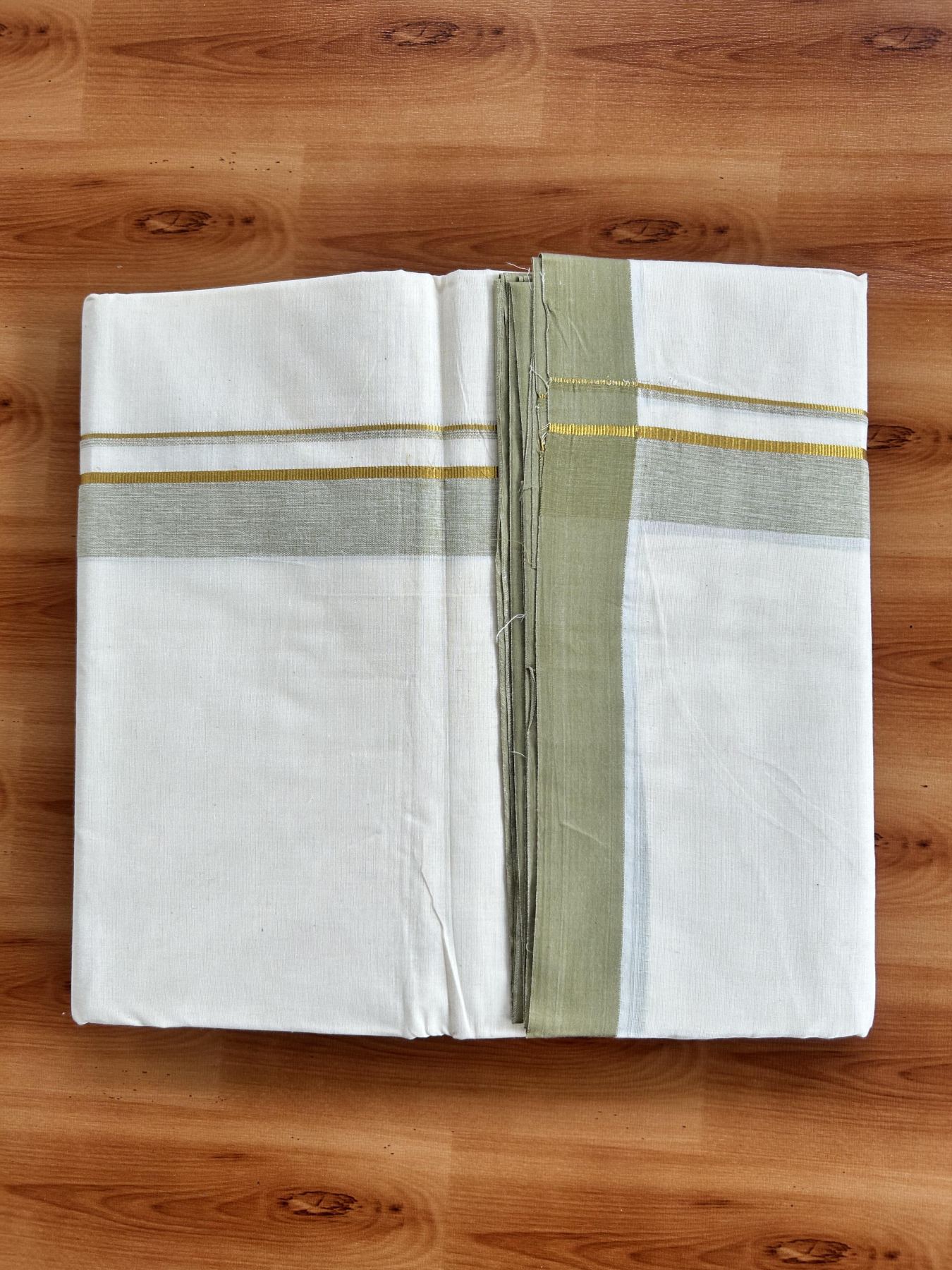 Double Off White (Unbleached) Mundu/Dhoti - 20% Discount! Kaitharikada Pure Cotton - 80x80 - 1.25 Inch Gold Kasav & Light Olive Green Shaded Kara 4 mtr (8.5 muzham) - 5 KK5465 MRH