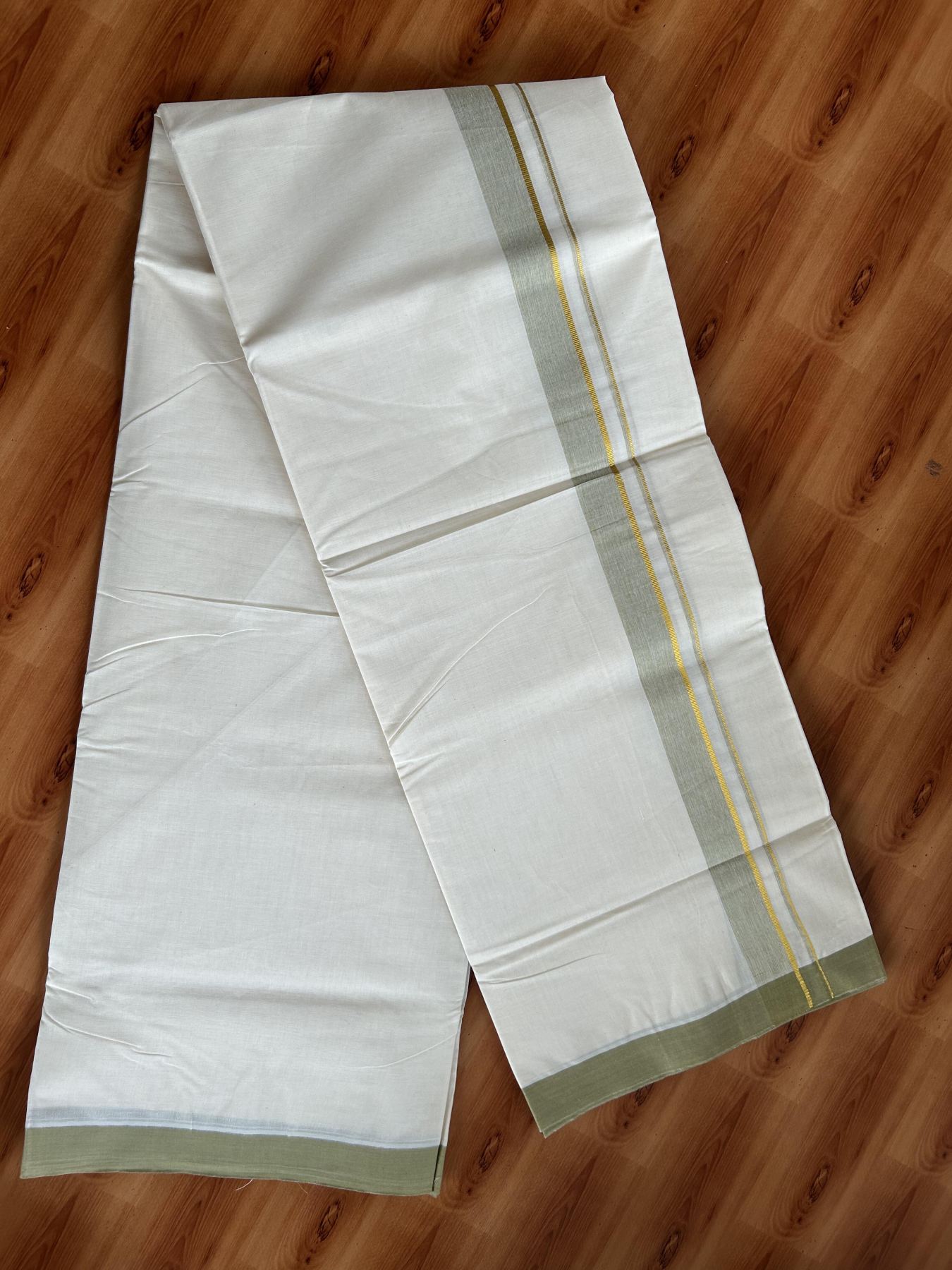 Double Off White (Unbleached) Mundu/Dhoti - 20% Discount! Kaitharikada Pure Cotton - 80x80 - 1.25 Inch Gold Kasav & Light Olive Green Shaded Kara 4 mtr (8.5 muzham) - 5 KK5465 MRH