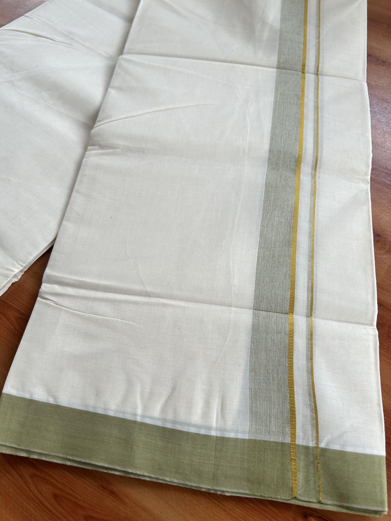 Double Off White (Unbleached) Mundu/Dhoti - 20% Discount! Kaitharikada Pure Cotton - 80x80 - 1.25 Inch Gold Kasav & Light Olive Green Shaded Kara 4 mtr (8.5 muzham) - 5 KK5465 MRH
