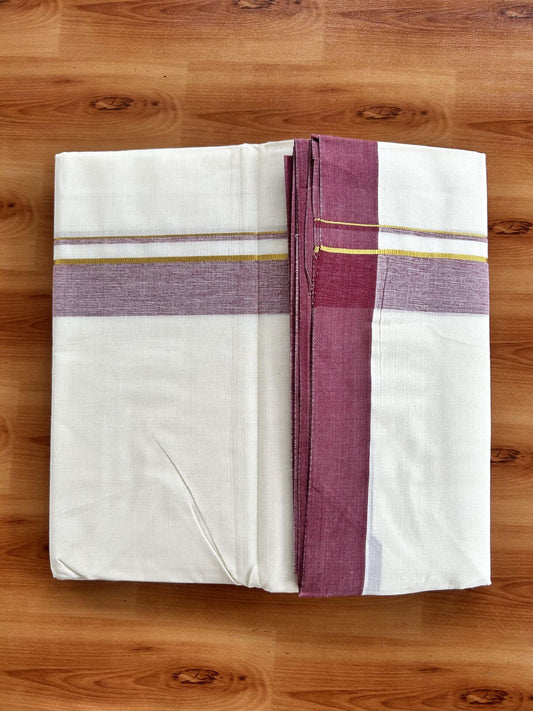 Double Off White (Unbleached) Mundu/Dhoti - 20% Discount! Kaitharikada Pure Cotton - 80x80 - 1.25 Inch Gold Kasav & Maroon Shaded Kara 4 mtr (8.5 muzham) - 16 KK5465 MRH