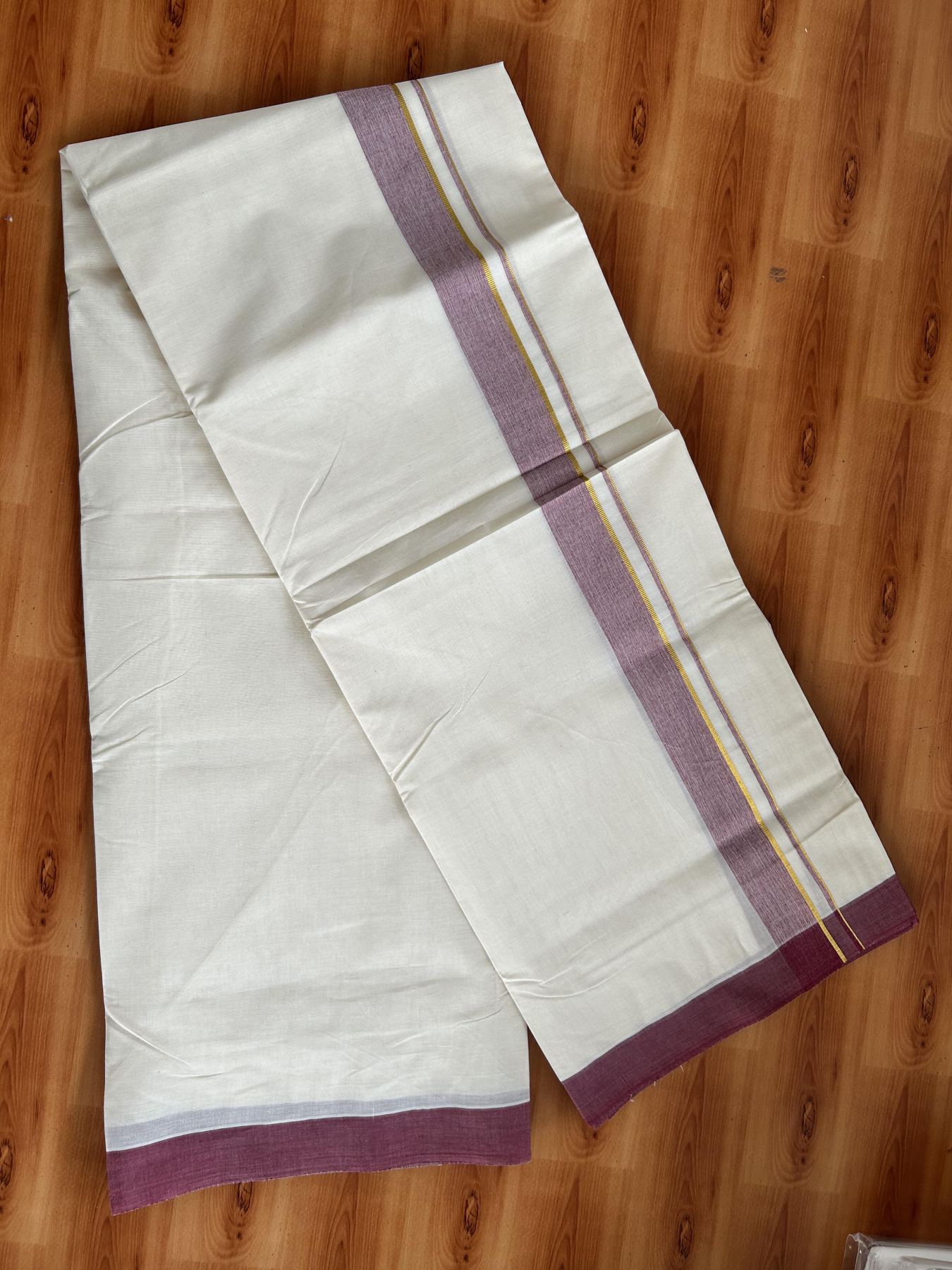Double Off White (Unbleached) Mundu/Dhoti - 20% Discount! Kaitharikada Pure Cotton - 80x80 - 1.25 Inch Gold Kasav & Maroon Shaded Kara 4 mtr (8.5 muzham) - 16 KK5465 MRH