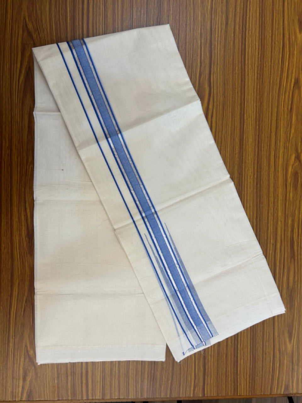 20% Discount! KaithariKada Balaramapuram 100%  Cotton Double off white (Unbleached) Mundu/Dhoti - 100X80 - 1.75 inch Silver kasav & Light Blue Striped chutty Kara 4 mtr (8.5 Muzham) - 47 KK5283 PMC