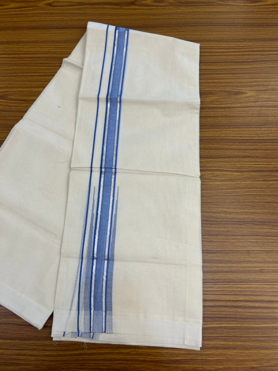 20% Discount! KaithariKada Balaramapuram 100%  Cotton Double off white (Unbleached) Mundu/Dhoti - 100X80 - 1.75 inch Silver kasav & Light Blue Striped chutty Kara 4 mtr (8.5 Muzham) - 47 KK5283 PMC