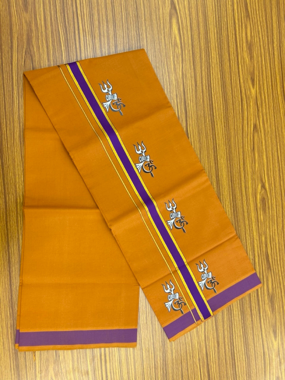 33% Discount !! Kaitharikada - Pure Cotton - Single Kaily / Lungi - (40s) - 1.25 inch Gold Kasav & Purple Printed Trishul Design kara with Dark Kavi colour body  (2 meter / 4 muzham) - 1 KK8028 GAN