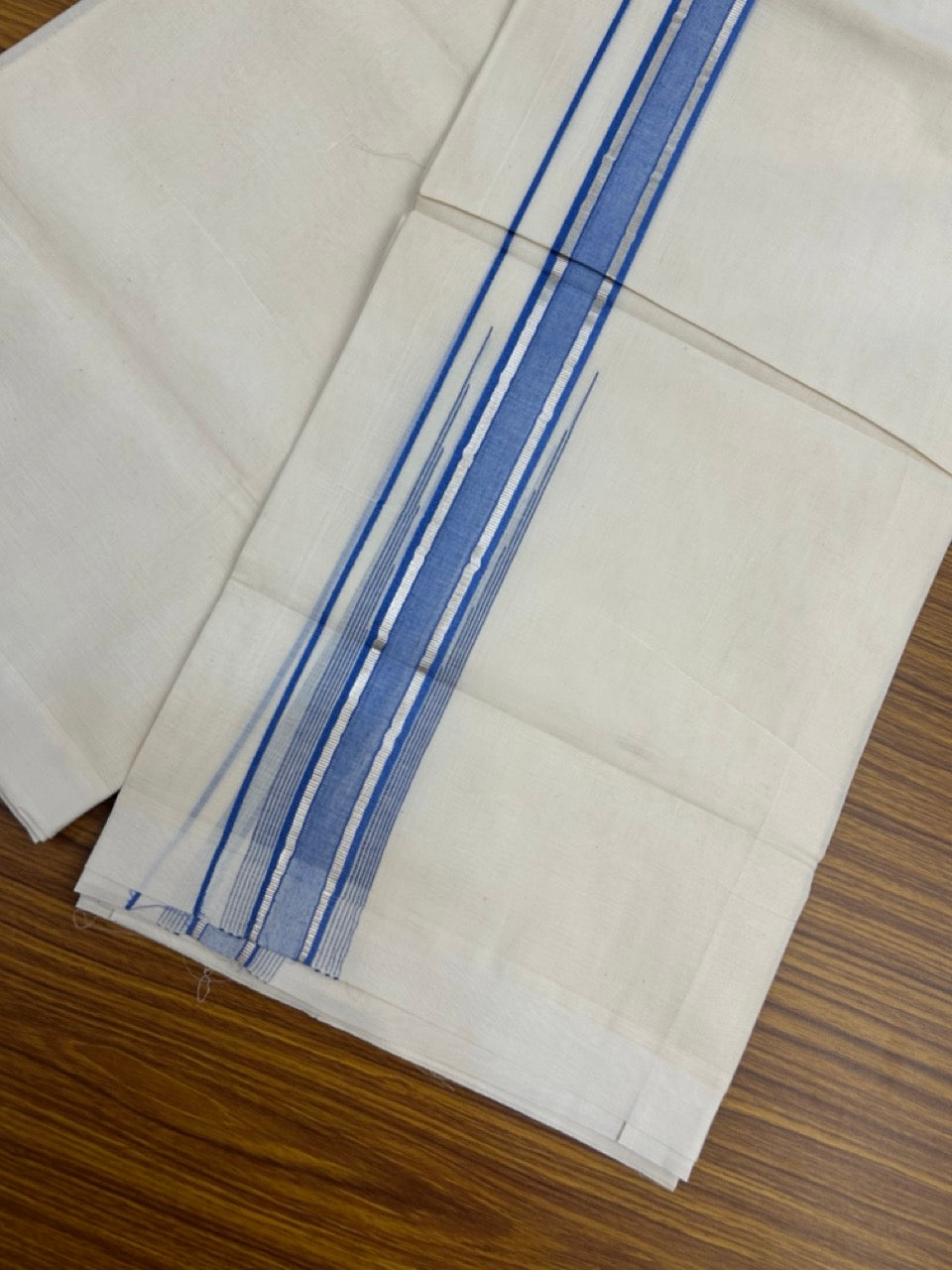 20% Discount! KaithariKada Balaramapuram 100%  Cotton Double off white (Unbleached) Mundu/Dhoti - 100X80 - 1.75 inch Silver kasav & Light Blue Striped chutty Kara 4 mtr (8.5 Muzham) - 47 KK5283 PMC