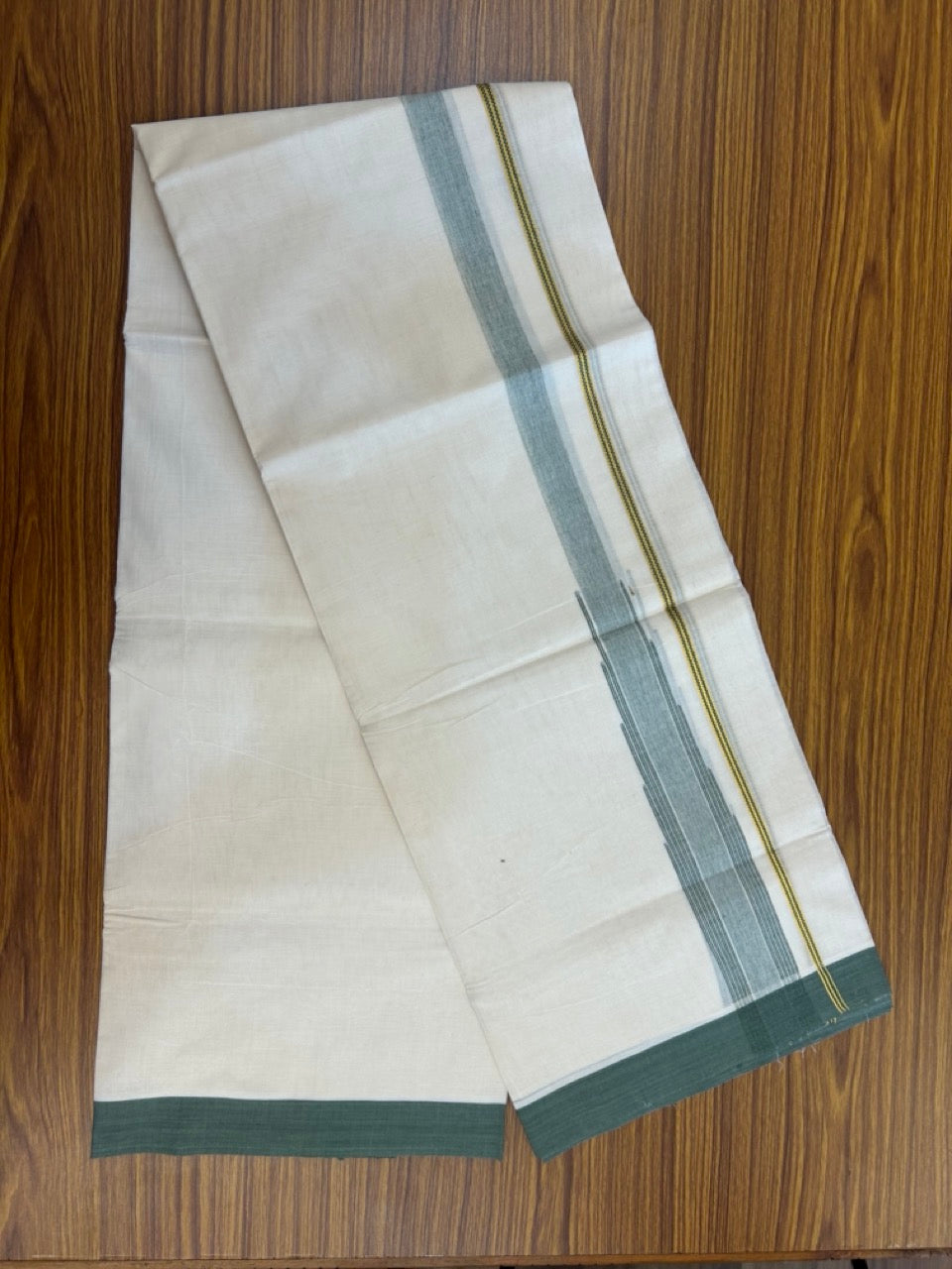 20% Discount ! Kaitharikada Balaramapuram 100% Pure Cotton Double Off white (Unbleached) Mundu/Dhoti - 100x80 - 1.75 inch Gold Kasav Dark Sage Green Stripes Chutty Kara - 13 KK5283 PMC