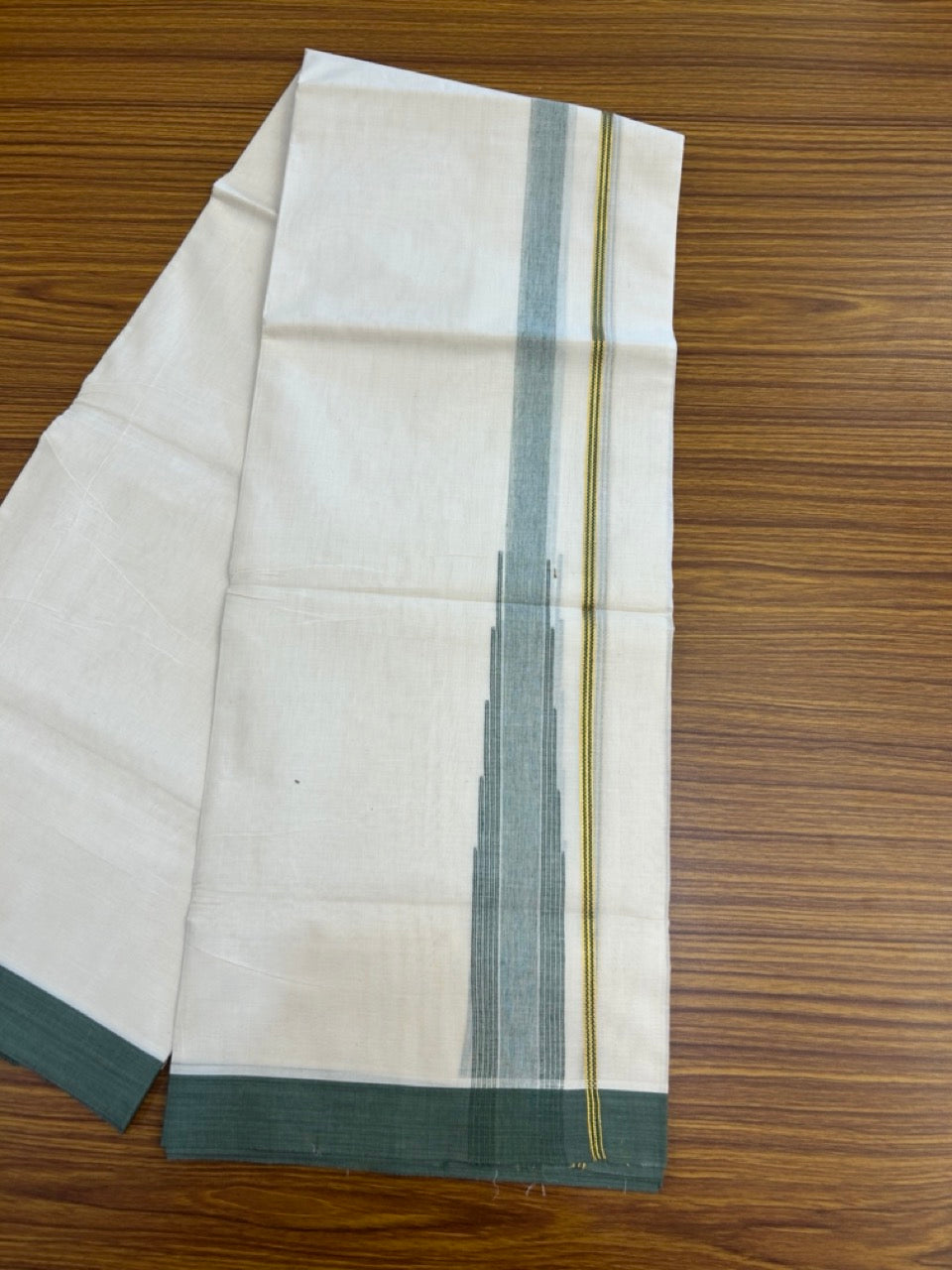 20% Discount ! Kaitharikada Balaramapuram 100% Pure Cotton Double Off white (Unbleached) Mundu/Dhoti - 100x80 - 1.75 inch Gold Kasav Dark Sage Green Stripes Chutty Kara - 13 KK5283 PMC