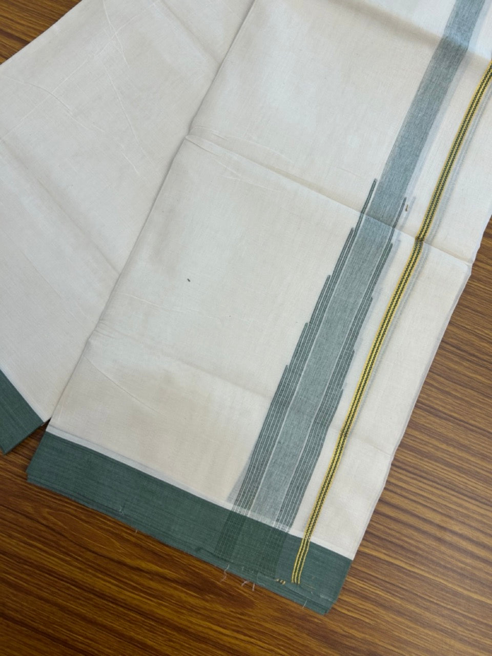 20% Discount ! Kaitharikada Balaramapuram 100% Pure Cotton Double Off white (Unbleached) Mundu/Dhoti - 100x80 - 1.75 inch Gold Kasav Dark Sage Green Stripes Chutty Kara - 13 KK5283 PMC