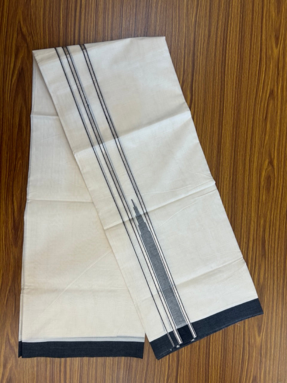 20% Discount! KaithariKada Balaramapuram 100%  Cotton Double off white (Unbleached) Mundu/Dhoti - 100X80 - 1.5 inch Silver kasavu & Black striped chutty - 4 mtr (8.5 Muzham) - 43 KK5283 PMC