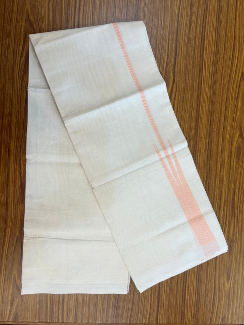 20% Discount! KaithariKada Balaramapuram 100% Cotton Double off white (Unbleached) Mundu/Dhoti - 100X80 - 1.5 inch Light Orange Striped chutty Kara 4 mtr (8.5 Muzham) - 52 KK5283 PMC