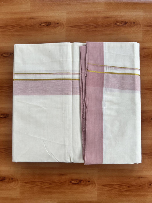 Double Off White (Unbleached) Mundu/Dhoti - 20% Discount! Kaitharikada Pure Cotton - 80x80 - 1.25 Inch Gold Kasav & Dusty Pink Shaded Kara 4 mtr (8.5 muzham) - 17 KK5465 MRH