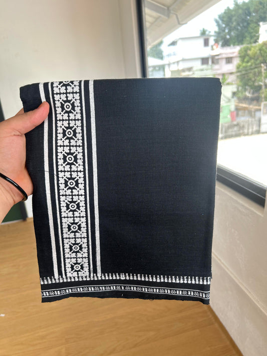 Kaitharikada - Single Kaily / Lungi - Mixed Cotton - 40s twisted - 2.5 inch White Design printed kuppadam kara with Jeans Black colour body (2 meter / 4 muzham) - 20 KK8054 GAN