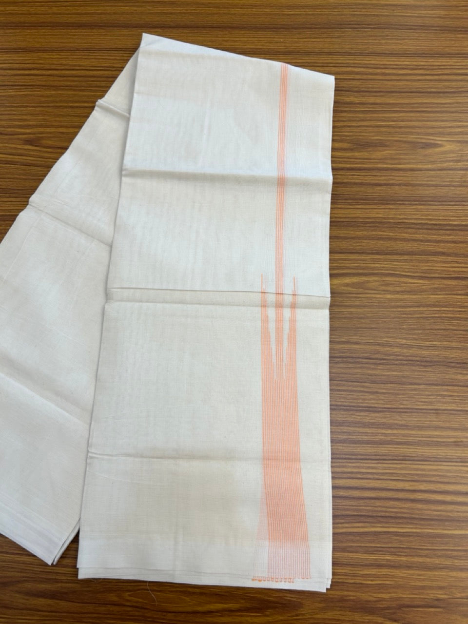 20% Discount! KaithariKada Balaramapuram 100% Cotton Double off white (Unbleached) Mundu/Dhoti - 100X80 - 1.5 inch Light Orange Striped chutty Kara 4 mtr (8.5 Muzham) - 52 KK5283 PMC