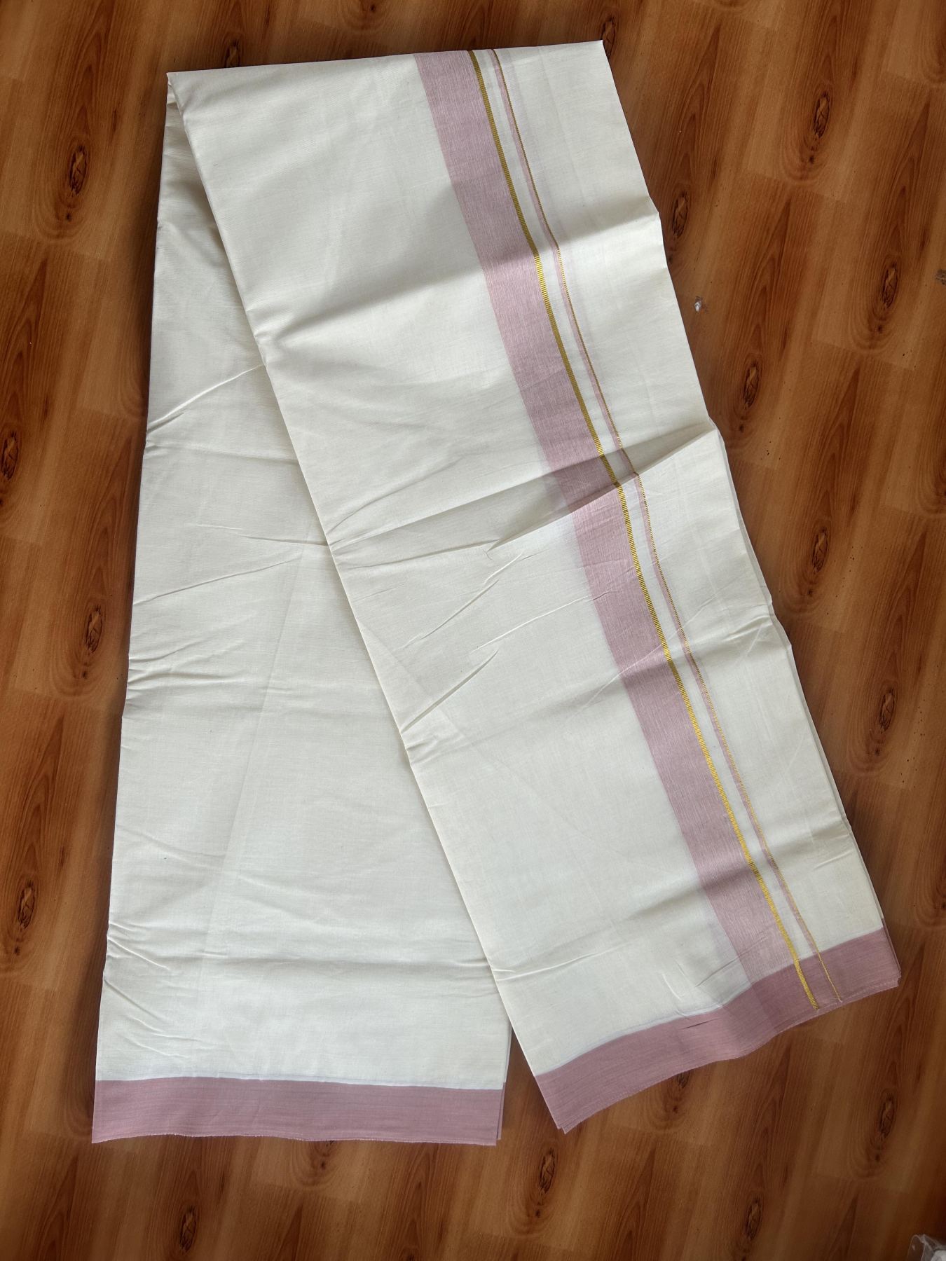 Double Off White (Unbleached) Mundu/Dhoti - 20% Discount! Kaitharikada Pure Cotton - 80x80 - 1.25 Inch Gold Kasav & Dusty Pink Shaded Kara 4 mtr (8.5 muzham) - 17 KK5465 MRH