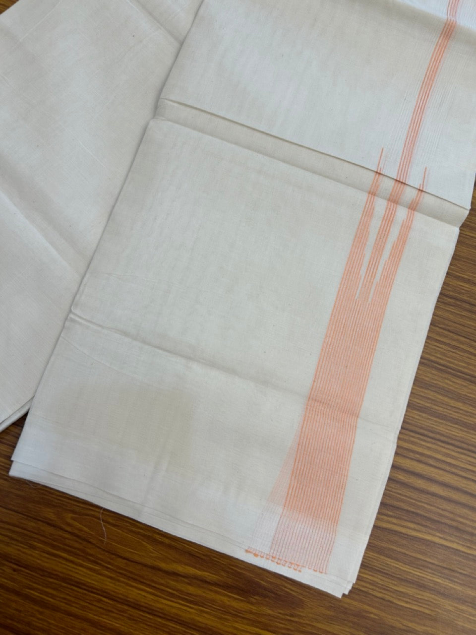 20% Discount! KaithariKada Balaramapuram 100% Cotton Double off white (Unbleached) Mundu/Dhoti - 100X80 - 1.5 inch Light Orange Striped chutty Kara 4 mtr (8.5 Muzham) - 52 KK5283 PMC