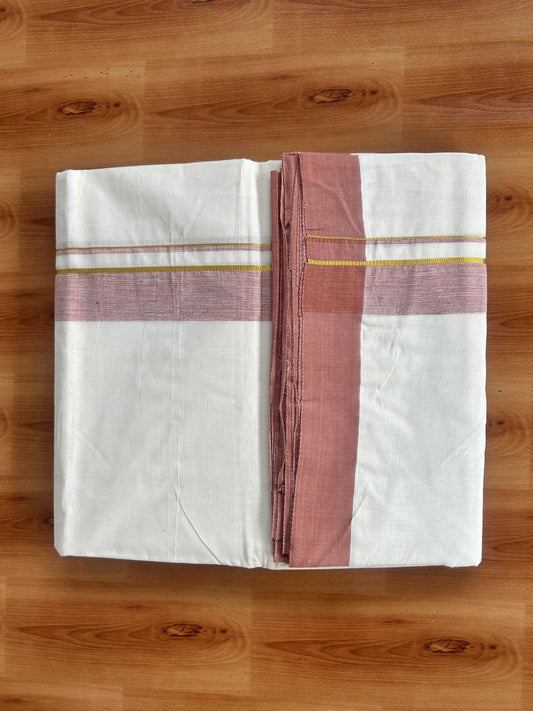 Double Off White (Unbleached) Mundu/Dhoti - 20% Discount! Kaitharikada Pure Cotton - 80x80 - 1.25 Inch Gold Kasav & Peach Orange Shaded Kara 4 mtr (8.5 muzham) - 18 KK5465 MRH