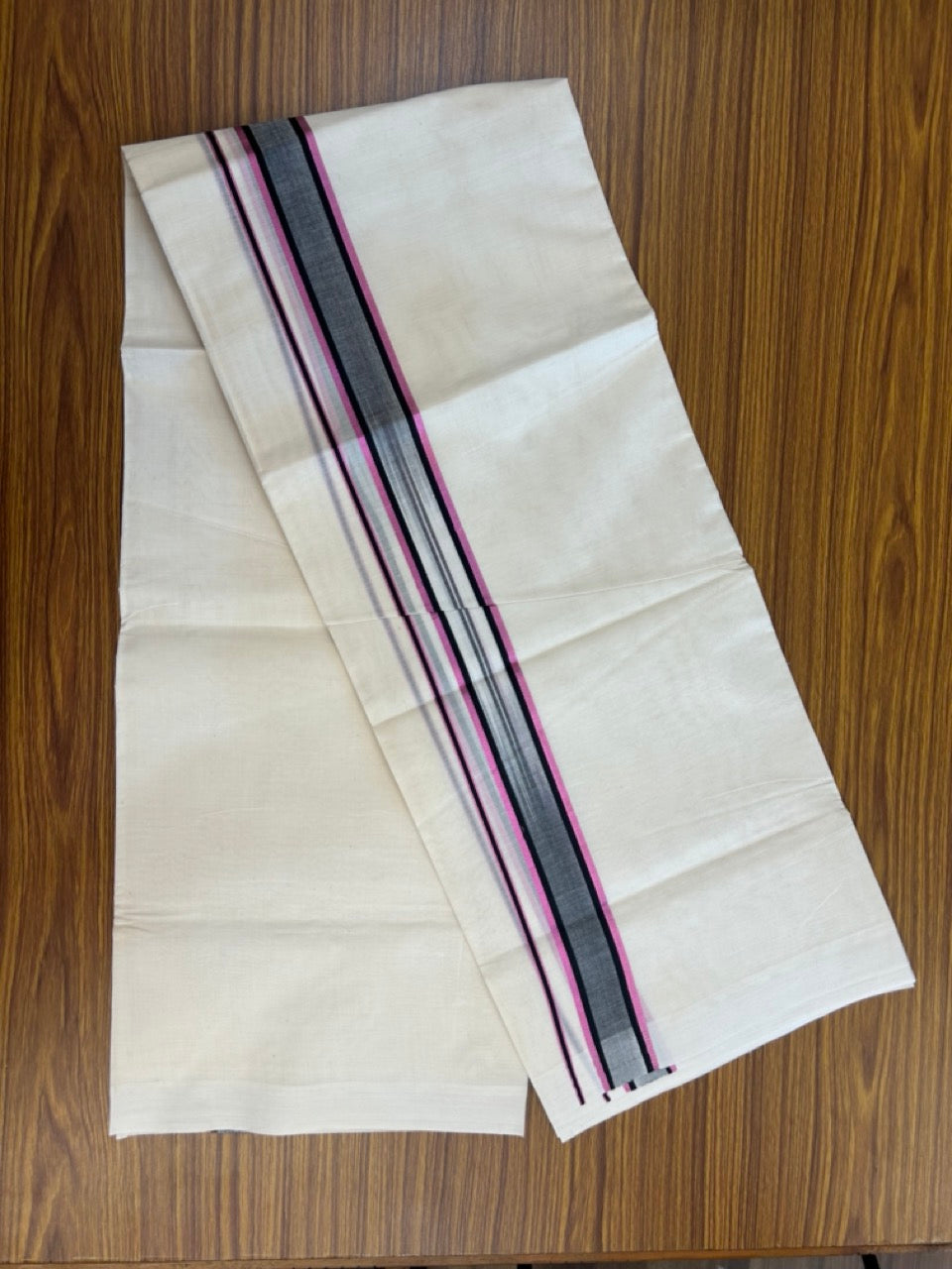 20% DISCOUNT ! KaithariKada Balaramapuram 100%  Cotton Double off white (Unbleached) Mundu/Dhoti - 100X80 - 1.5 inch Rose Pink kasavu Black shaded designer kara - 4 mtr (8.5 Muzham) - 36 KK5283 PMC