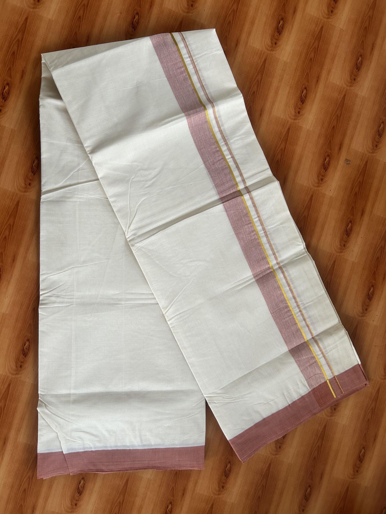 Double Off White (Unbleached) Mundu/Dhoti - 20% Discount! Kaitharikada Pure Cotton - 80x80 - 1.25 Inch Gold Kasav & Peach Orange Shaded Kara 4 mtr (8.5 muzham) - 18 KK5465 MRH