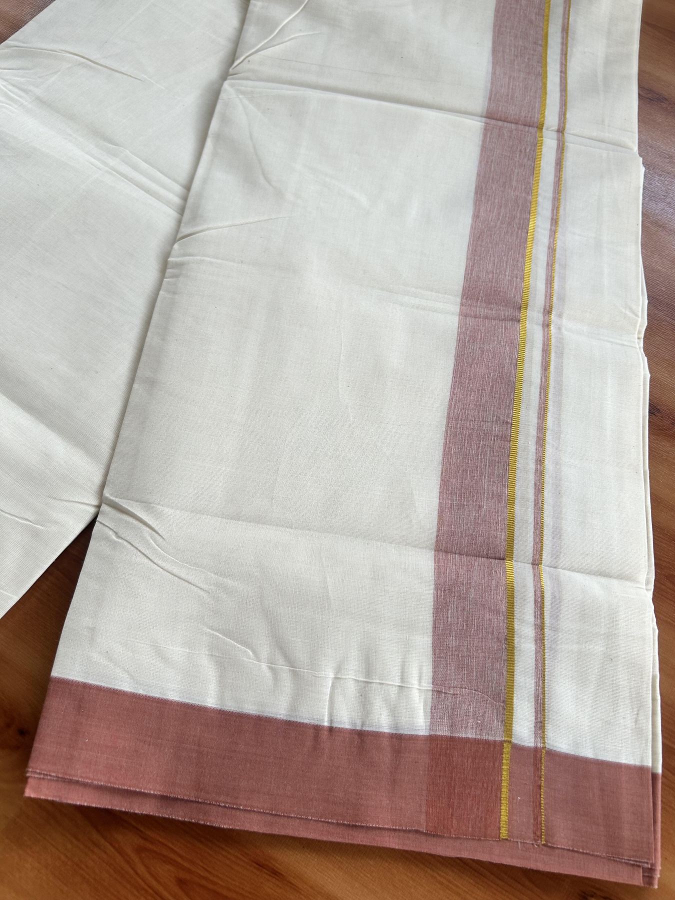 Double Off White (Unbleached) Mundu/Dhoti - 20% Discount! Kaitharikada Pure Cotton - 80x80 - 1.25 Inch Gold Kasav & Peach Orange Shaded Kara 4 mtr (8.5 muzham) - 18 KK5465 MRH