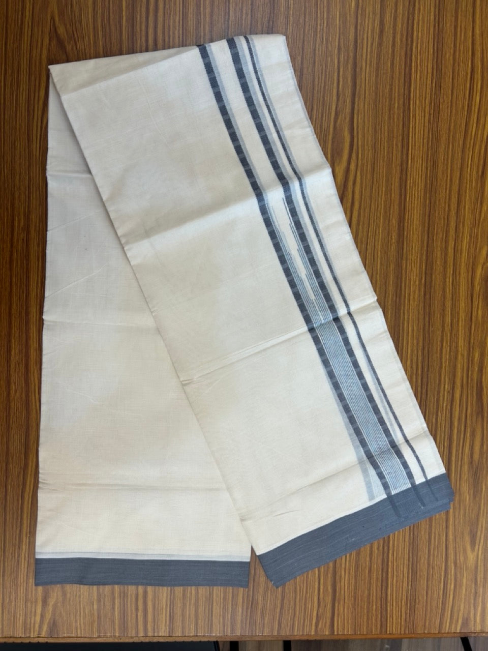 20% Discount! KaithariKada Balaramapuram 100% Cotton Double off white (Unbleached) Mundu/Dhoti - 100X80 - 1.75 inch Ash Grey Striped chutty Kara 4 mtr (8.5 Muzham) - 54 KK5283 PMC