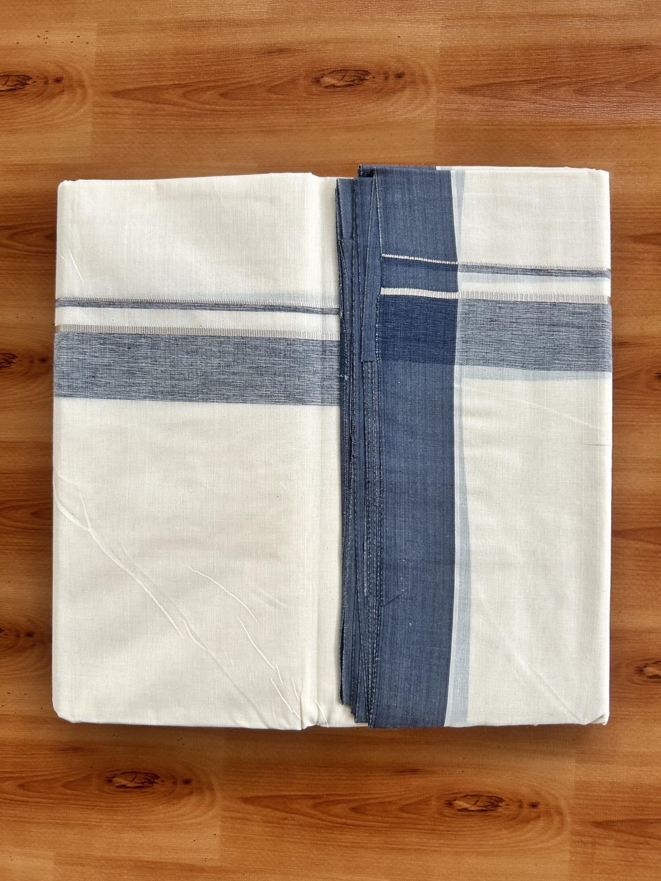 Double Off White (Unbleached) Mundu/Dhoti - 20% Discount! Kaitharikada Pure Cotton - 80x80 - 1.25 Inch Silver Kasav & Greyish Navy Blue Shaded Kara 4 mtr (8.5 muzham) - 19 KK5465 MRH