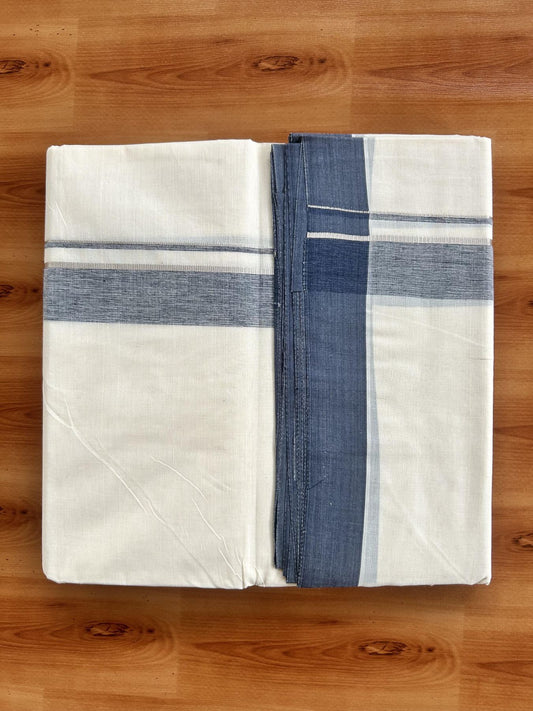 Double Off White (Unbleached) Mundu/Dhoti - 20% Discount! Kaitharikada Pure Cotton - 80x80 - 1.25 Inch Silver Kasav & Greyish Navy Blue Shaded Kara 4 mtr (8.5 muzham) - 19 KK5465 MRH