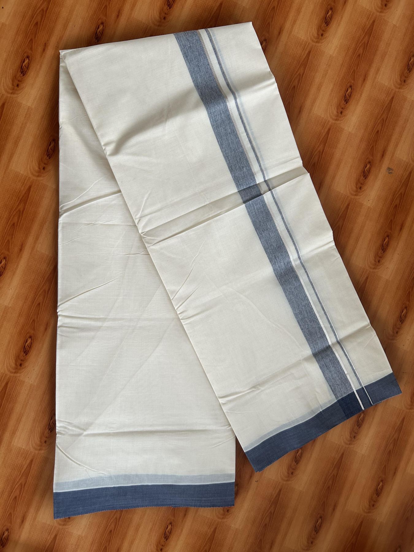 Double Off White (Unbleached) Mundu/Dhoti - 20% Discount! Kaitharikada Pure Cotton - 80x80 - 1.25 Inch Silver Kasav & Greyish Navy Blue Shaded Kara 4 mtr (8.5 muzham) - 19 KK5465 MRH