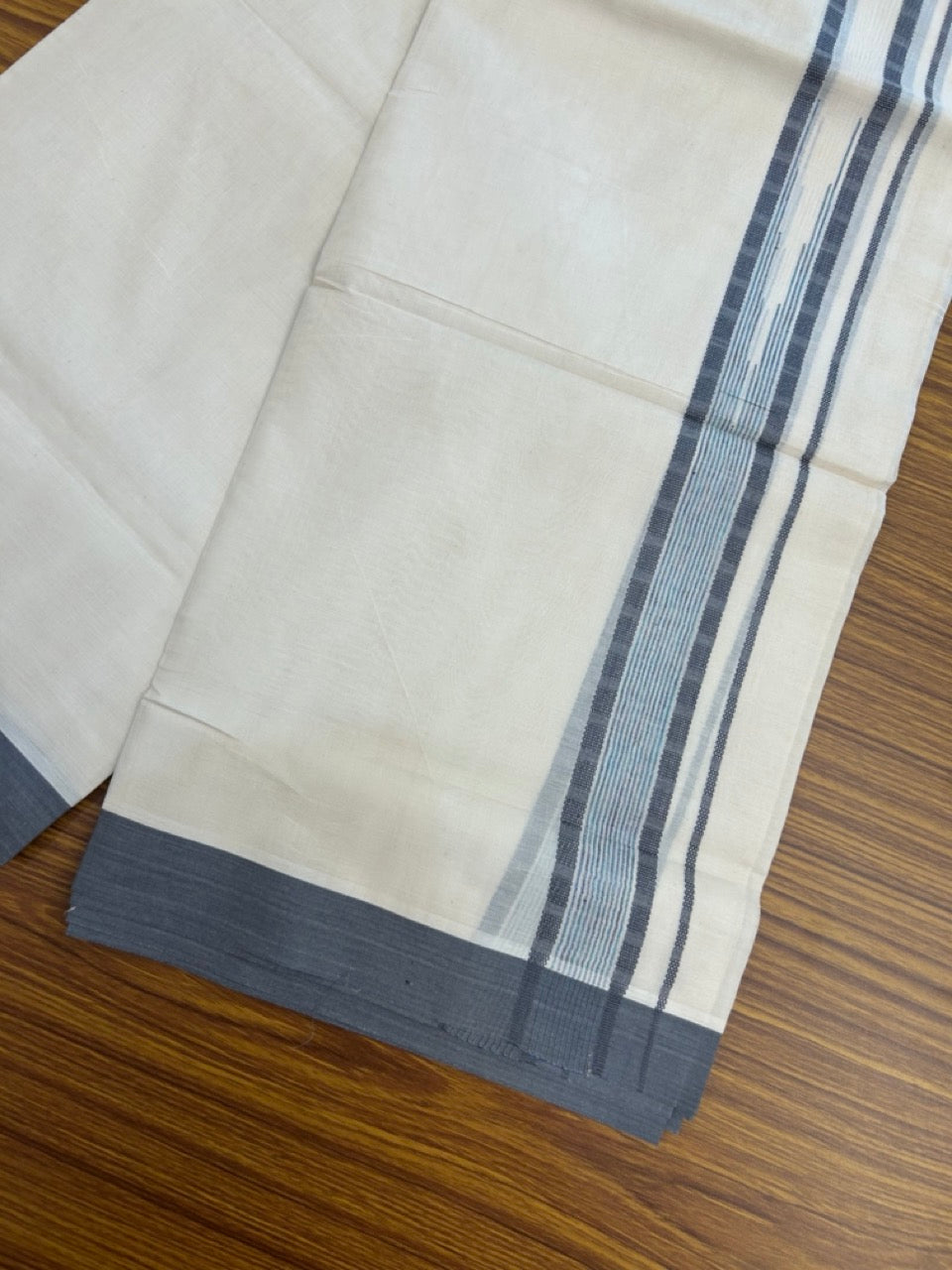 20% Discount! KaithariKada Balaramapuram 100% Cotton Double off white (Unbleached) Mundu/Dhoti - 100X80 - 1.75 inch Ash Grey Striped chutty Kara 4 mtr (8.5 Muzham) - 54 KK5283 PMC