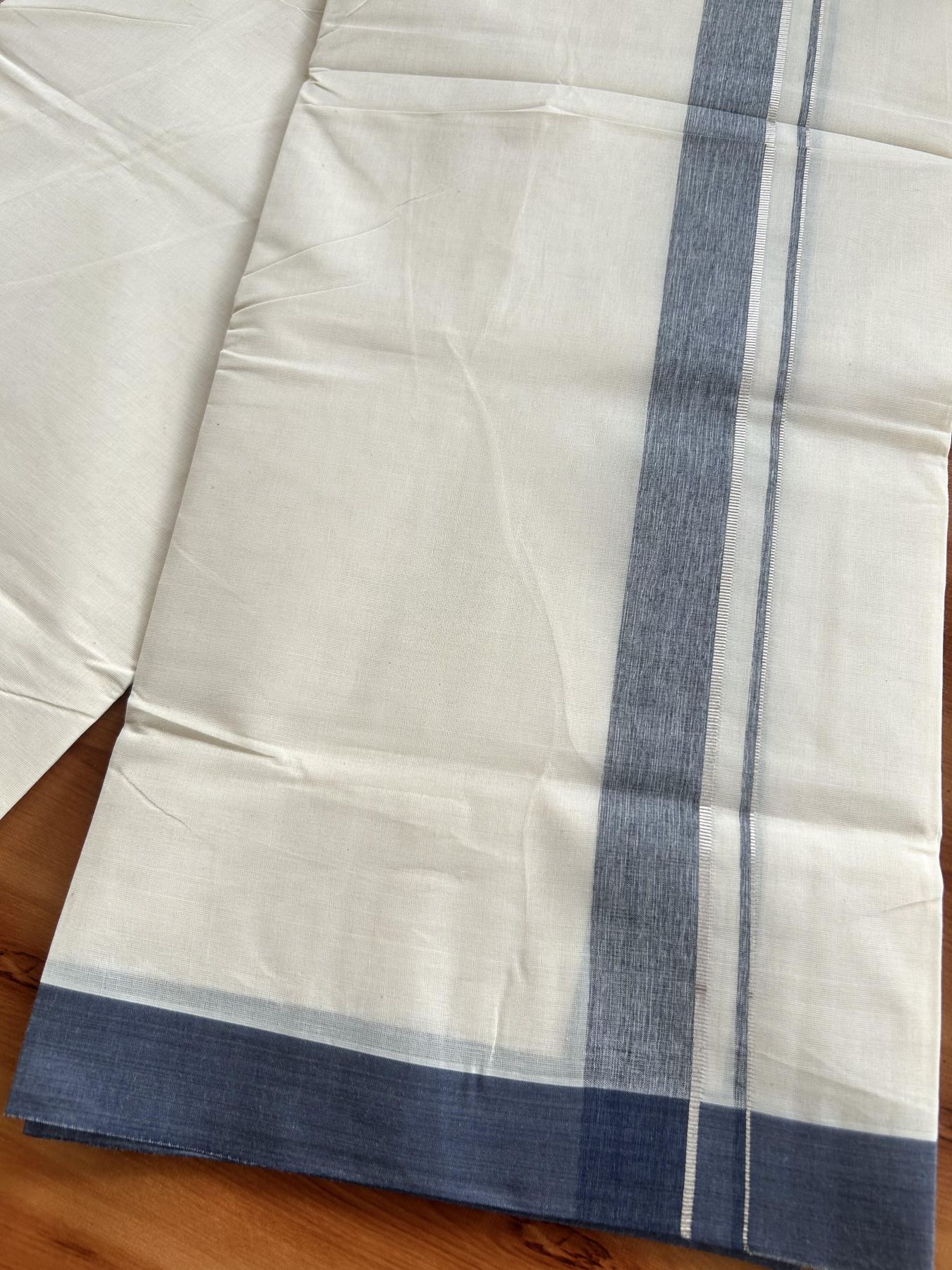 Double Off White (Unbleached) Mundu/Dhoti - 20% Discount! Kaitharikada Pure Cotton - 80x80 - 1.25 Inch Silver Kasav & Greyish Navy Blue Shaded Kara 4 mtr (8.5 muzham) - 19 KK5465 MRH