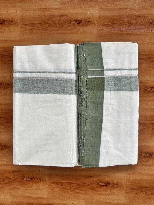 Double Off White (Unbleached) Mundu/Dhoti - 20% Discount! Kaitharikada Pure Cotton - 80x80 - 1.25 Inch Silver Kasav & Olive Green Shaded Kara 4 mtr (8.5 muzham) - 20 KK5465 MRH