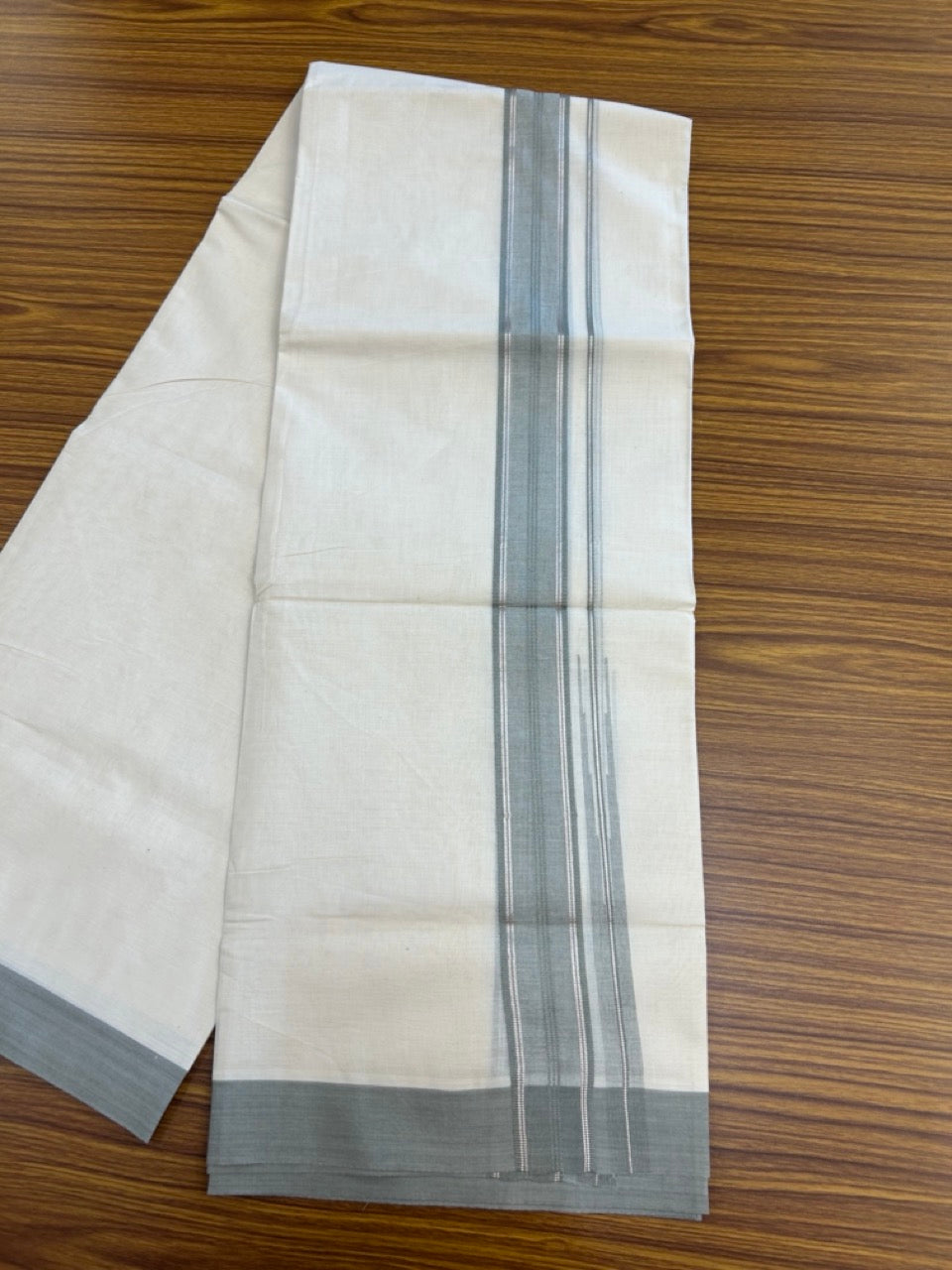 20% Discount! KaithariKada Balaramapuram 100%  Cotton Double off white  (Unbleached) Mundu/Dhoti - 100X80 - 1.5 inch Silver kasavu & Grey shaded striped chutty - 4 mtr (8.5 Muzham) - 39 KK5283 PMC