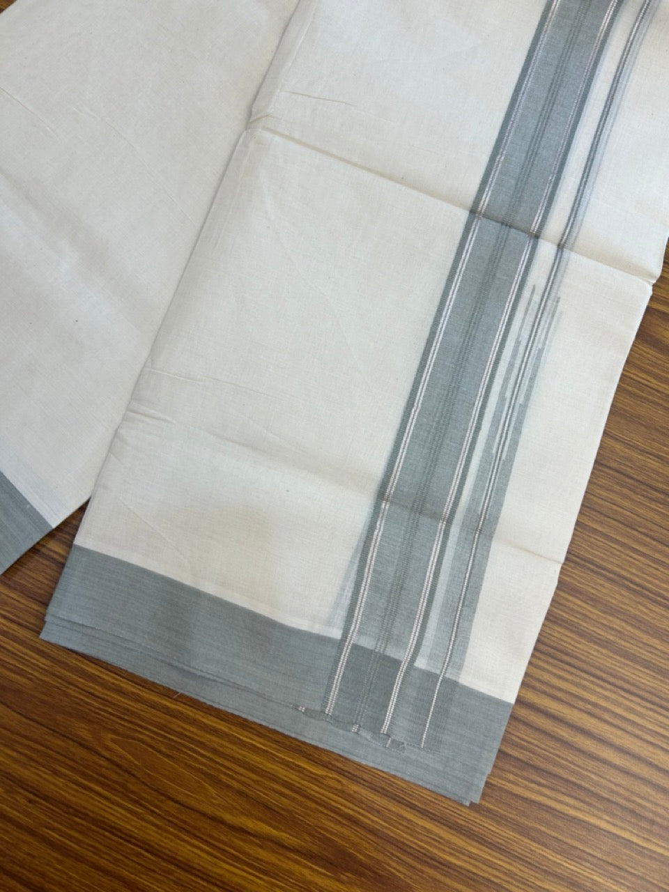 20% Discount! KaithariKada Balaramapuram 100%  Cotton Double off white  (Unbleached) Mundu/Dhoti - 100X80 - 1.5 inch Silver kasavu & Grey shaded striped chutty - 4 mtr (8.5 Muzham) - 39 KK5283 PMC