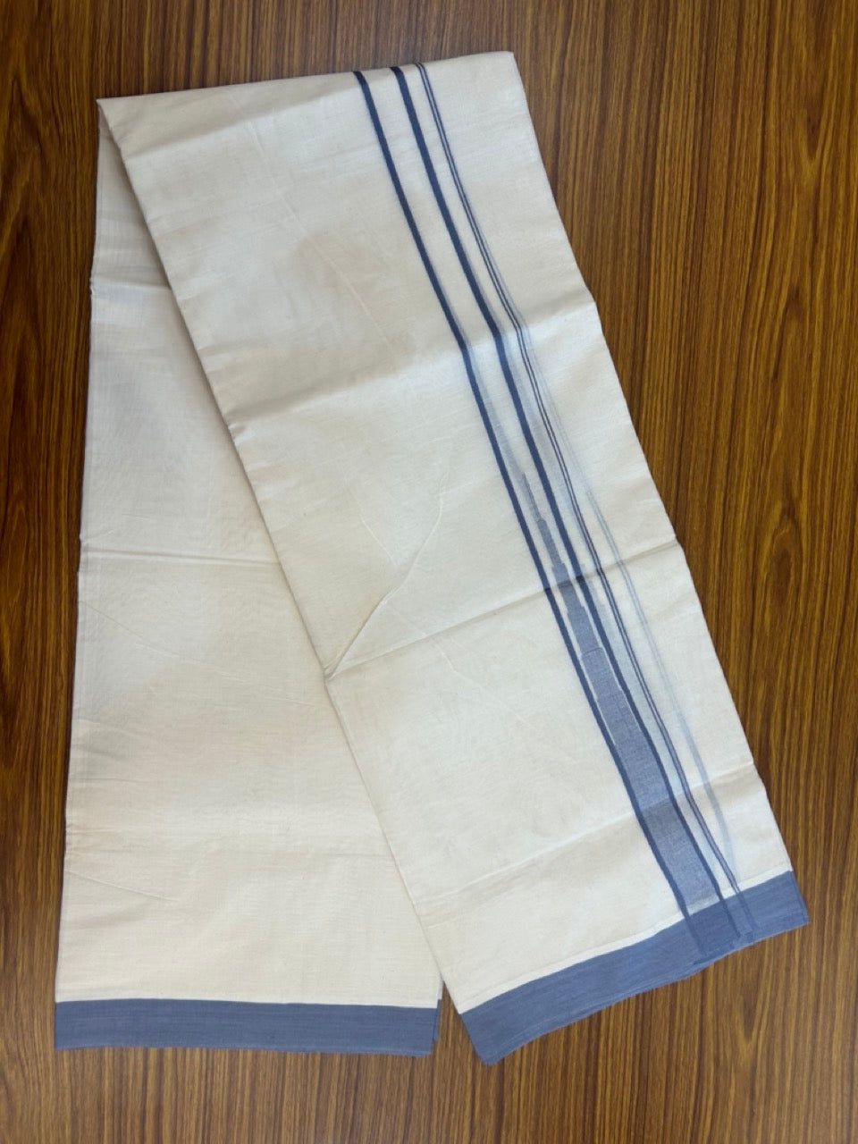 20% Discount! KaithariKada Balaramapuram 100% Cotton Double off white (Unbleached) Mundu/Dhoti - 100X80 - 1.25 inch Ash Blue Striped chutty Kara 4 mtr (8.5 Muzham) - 58 KK5283 PMC