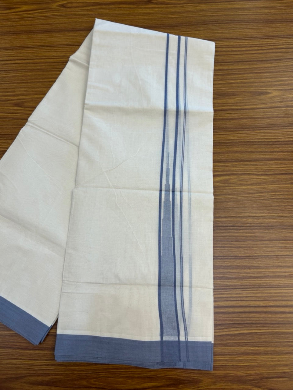 20% Discount! KaithariKada Balaramapuram 100% Cotton Double off white (Unbleached) Mundu/Dhoti - 100X80 - 1.25 inch Ash Blue Striped chutty Kara 4 mtr (8.5 Muzham) - 58 KK5283 PMC