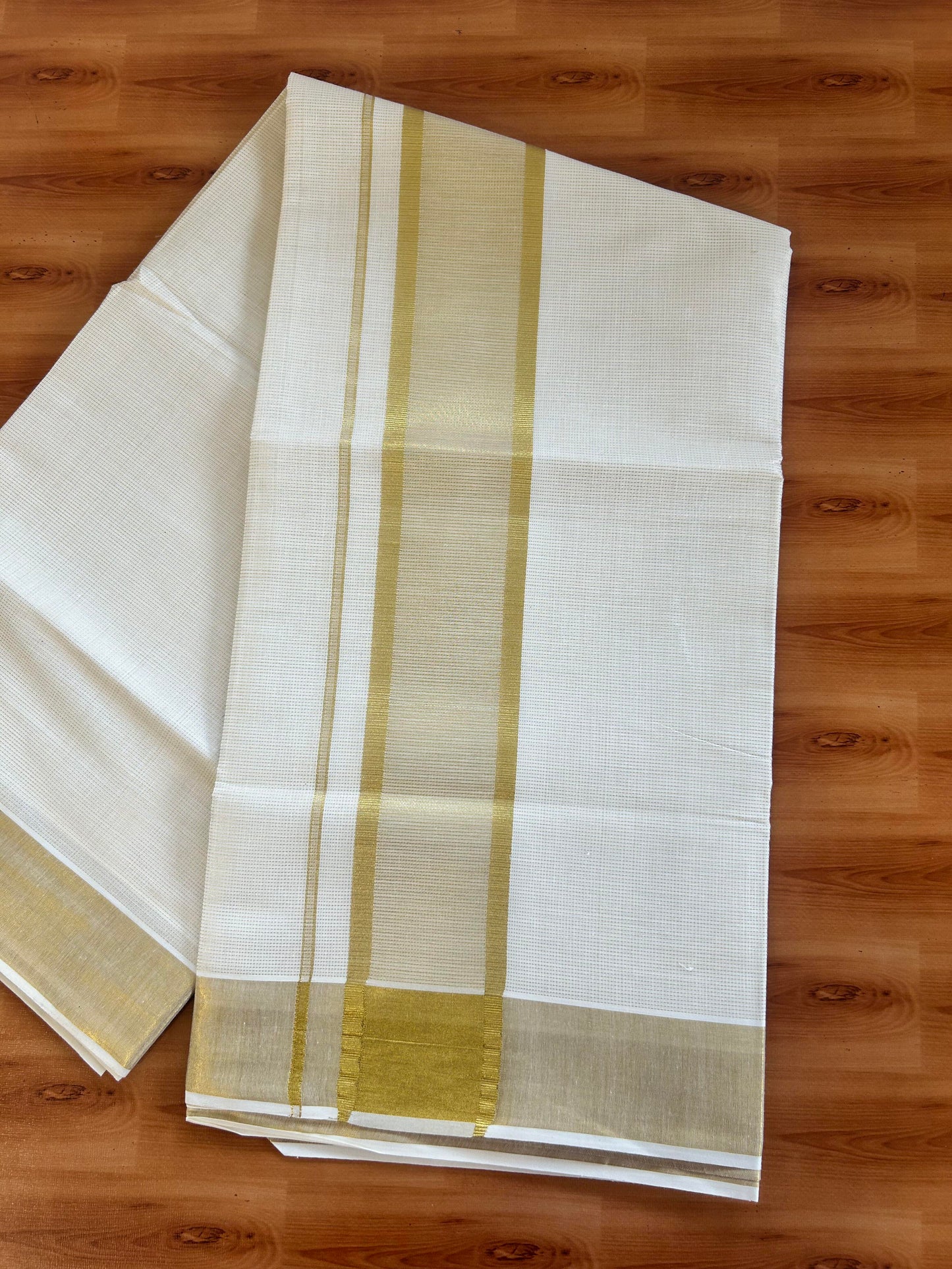 25% Discount! Kaitharikada Kerala Traditional Saree Off white- Mixed Cotton Kasav Saree - 3.5 Inch  Pallu - Gold Kasav Kara & Striped Design Body - 70 KK7000 PMC