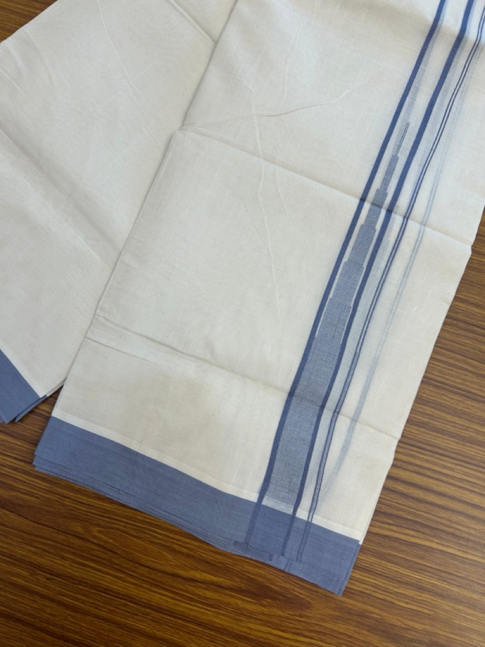 20% Discount! KaithariKada Balaramapuram 100% Cotton Double off white (Unbleached) Mundu/Dhoti - 100X80 - 1.25 inch Ash Blue Striped chutty Kara 4 mtr (8.5 Muzham) - 58 KK5283 PMC