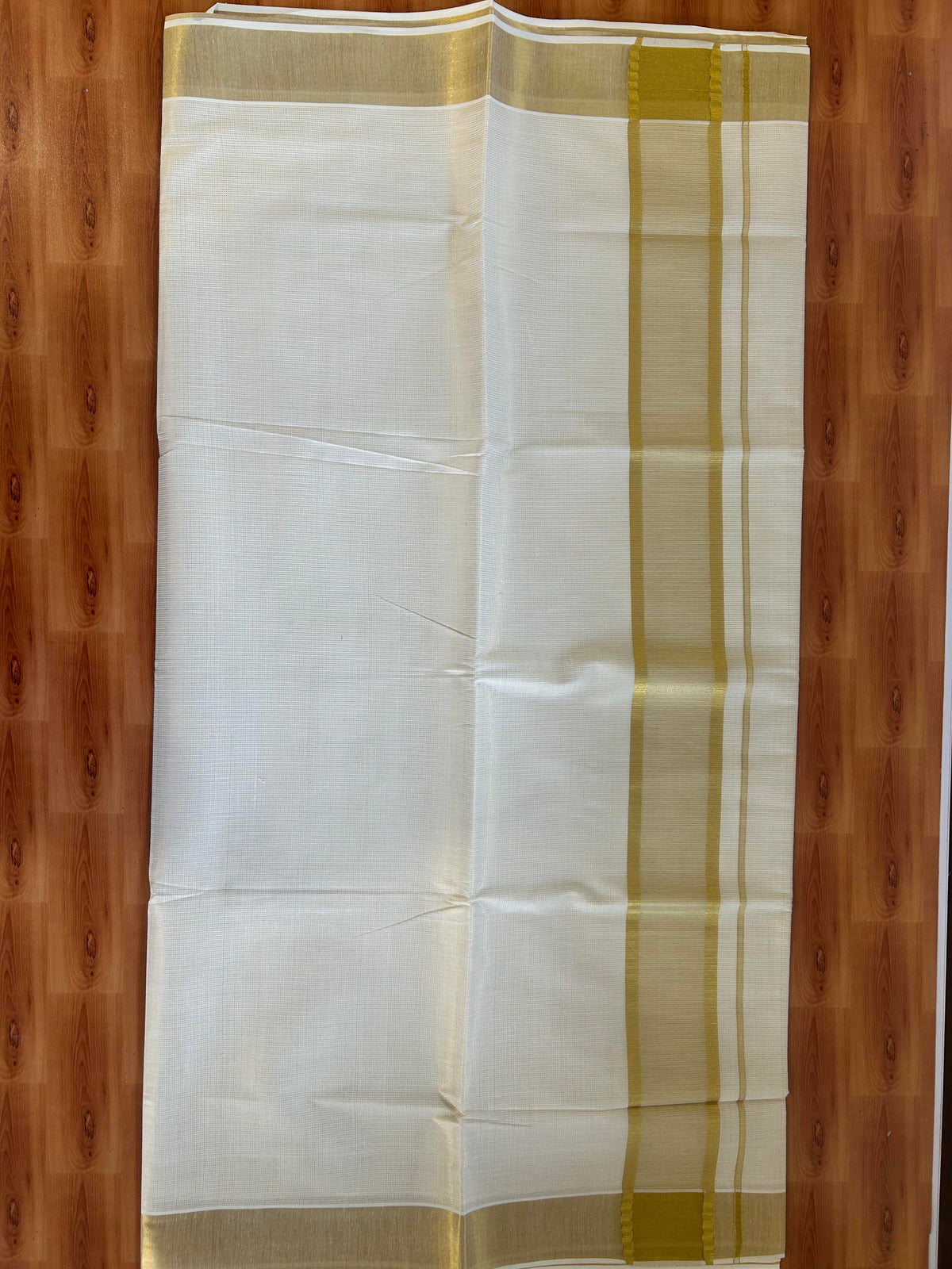 25% Discount! Kaitharikada Kerala Traditional Saree Off white- Mixed Cotton Kasav Saree - 3.5 Inch  Pallu - Gold Kasav Kara & Striped Design Body - 70 KK7000 PMC
