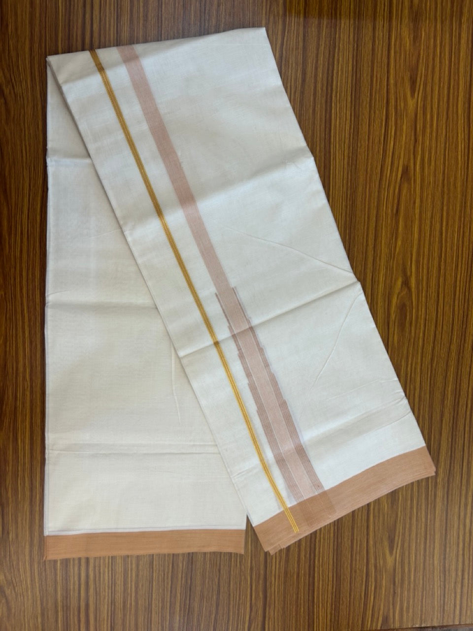 20% Discount ! Kaitharikada Balaramapuram 100% Pure Cotton Double Off white (Unbleached) Mundu/Dhoti - 100x80 - 1.75 inch Light Orange Stripes Chutty Kara - 12 KK5283 PMC