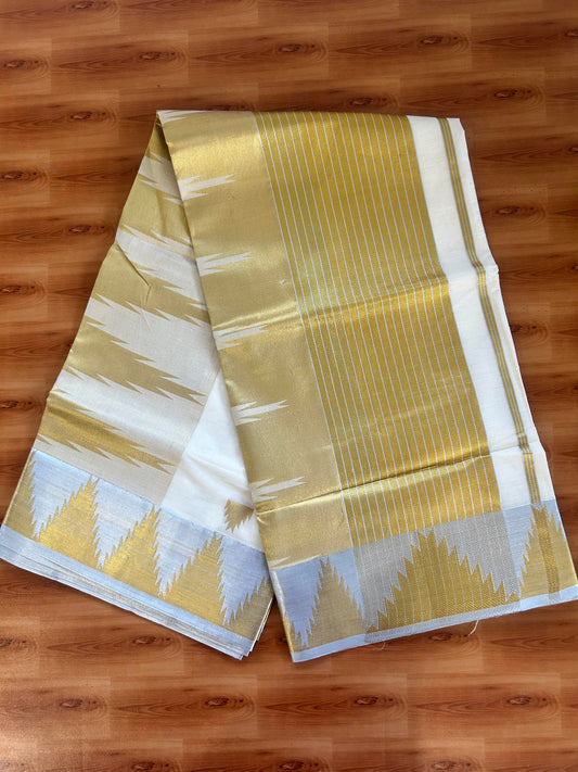 25% Discount! Kaitharikada Kerala Traditional Saree Off white- Mixed Cotton Kasav Saree - 18 Inch Pallu - Gold Silver Kasav Kara & Temple Design - 71 KK7000 PMC
