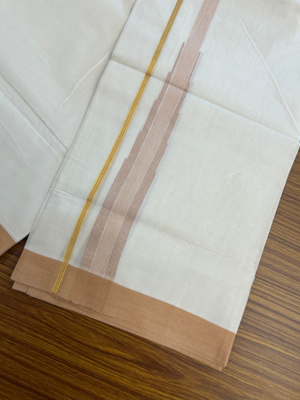20% Discount ! Kaitharikada Balaramapuram 100% Pure Cotton Double Off white (Unbleached) Mundu/Dhoti - 100x80 - 1.75 inch Light Orange Stripes Chutty Kara - 12 KK5283 PMC