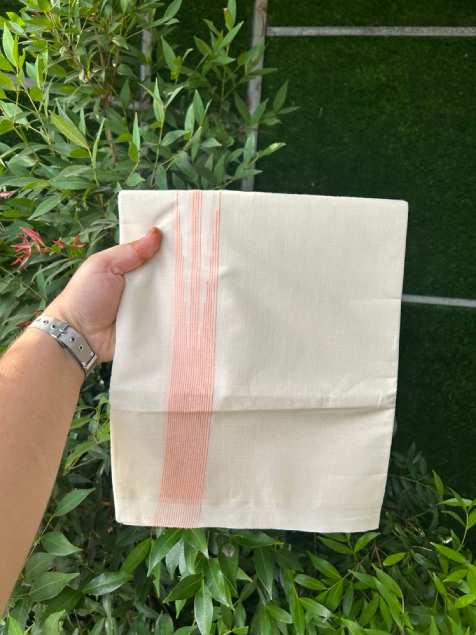 20% Discount! KaithariKada Balaramapuram 100% Cotton Double off white (Unbleached) Mundu/Dhoti - 100X80 - 1.5 inch Light Orange Striped chutty Kara 4 mtr (8.5 Muzham) - 52 KK5283 PMC