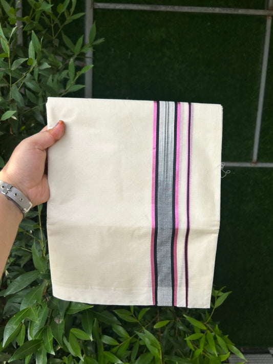 20% DISCOUNT ! KaithariKada Balaramapuram 100%  Cotton Double off white (Unbleached) Mundu/Dhoti - 100X80 - 1.5 inch Rose Pink kasavu Black shaded designer kara - 4 mtr (8.5 Muzham) - 36 KK5283 PMC