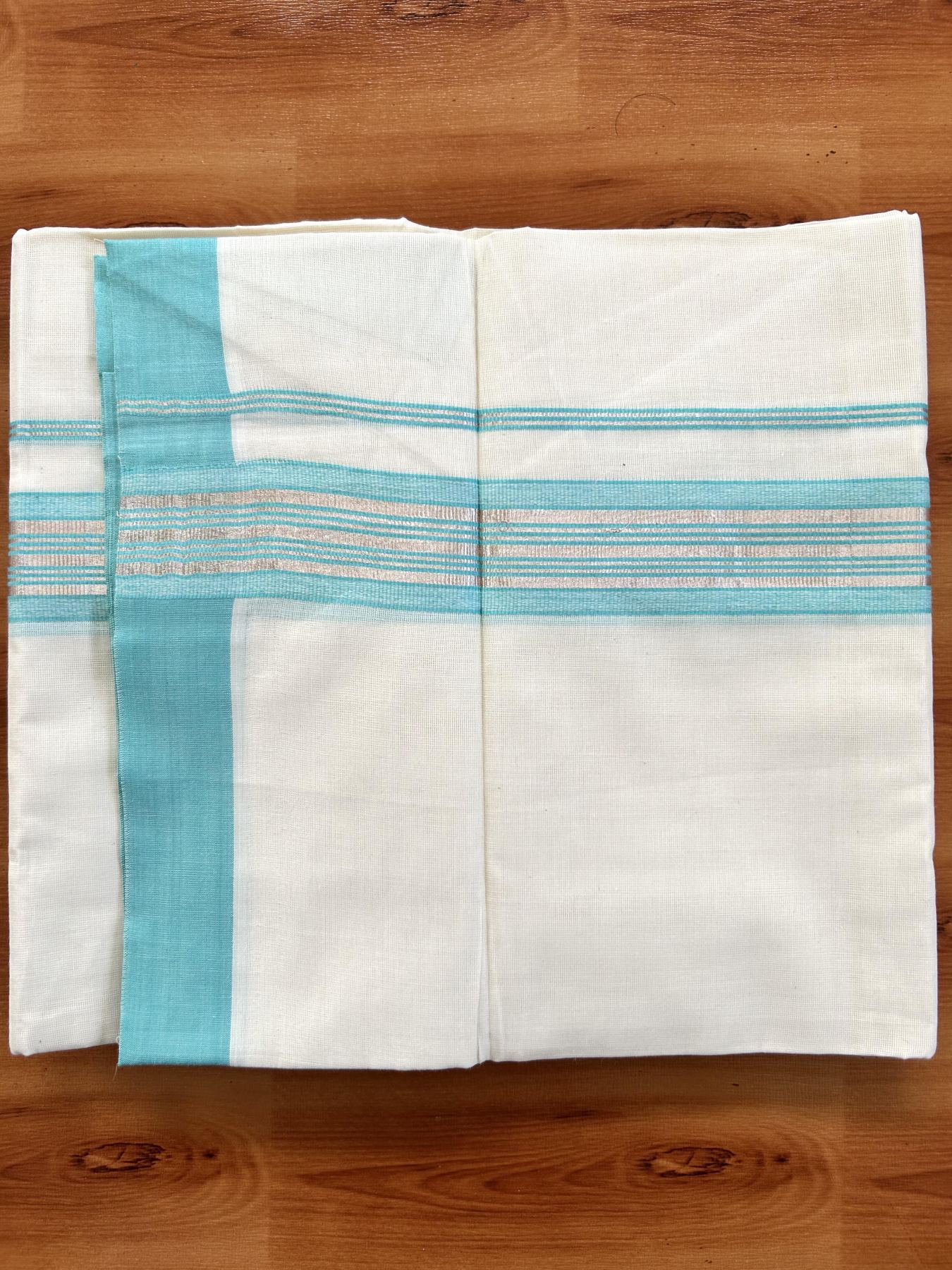 Double Off White  Mundu/Dhoti- 20% Discount! KaithariKada Balaramapuram Pure Cotton - 80s - 1.5 inch Silver Kasav & Turquoise Striped Kara - 4mtr (8.5muzham) - 13 KK5417 VAS