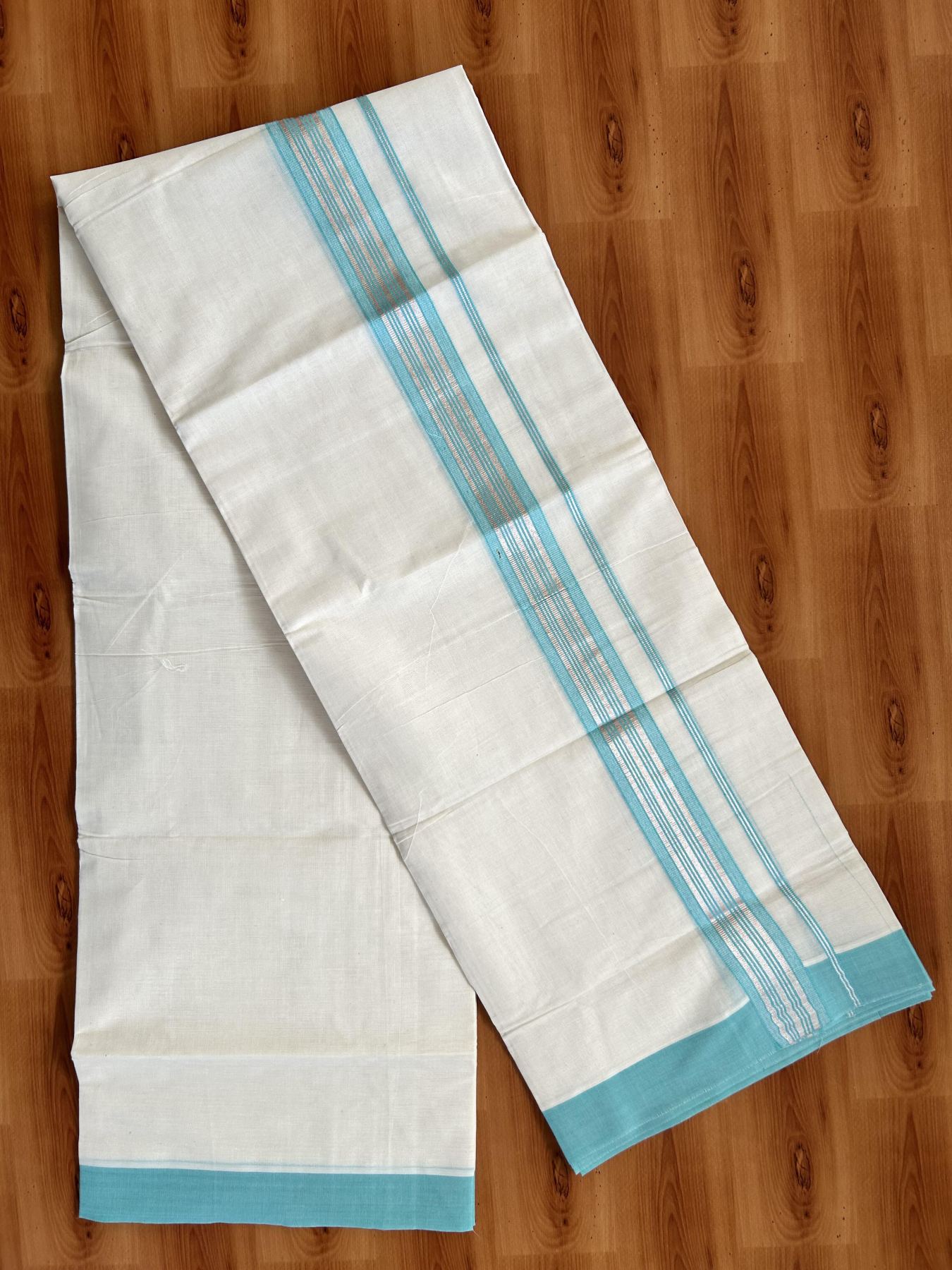 Double Off White  Mundu/Dhoti- 20% Discount! KaithariKada Balaramapuram Pure Cotton - 80s - 1.5 inch Silver Kasav & Turquoise Striped Kara - 4mtr (8.5muzham) - 13 KK5417 VAS