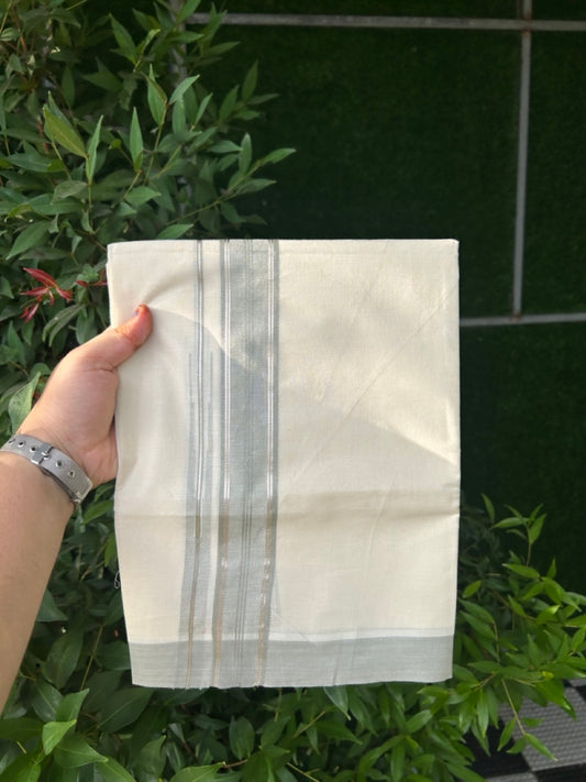 20% Discount! KaithariKada Balaramapuram 100%  Cotton Double off white  (Unbleached) Mundu/Dhoti - 100X80 - 1.5 inch Silver kasavu & Grey shaded striped chutty - 4 mtr (8.5 Muzham) - 39 KK5283 PMC
