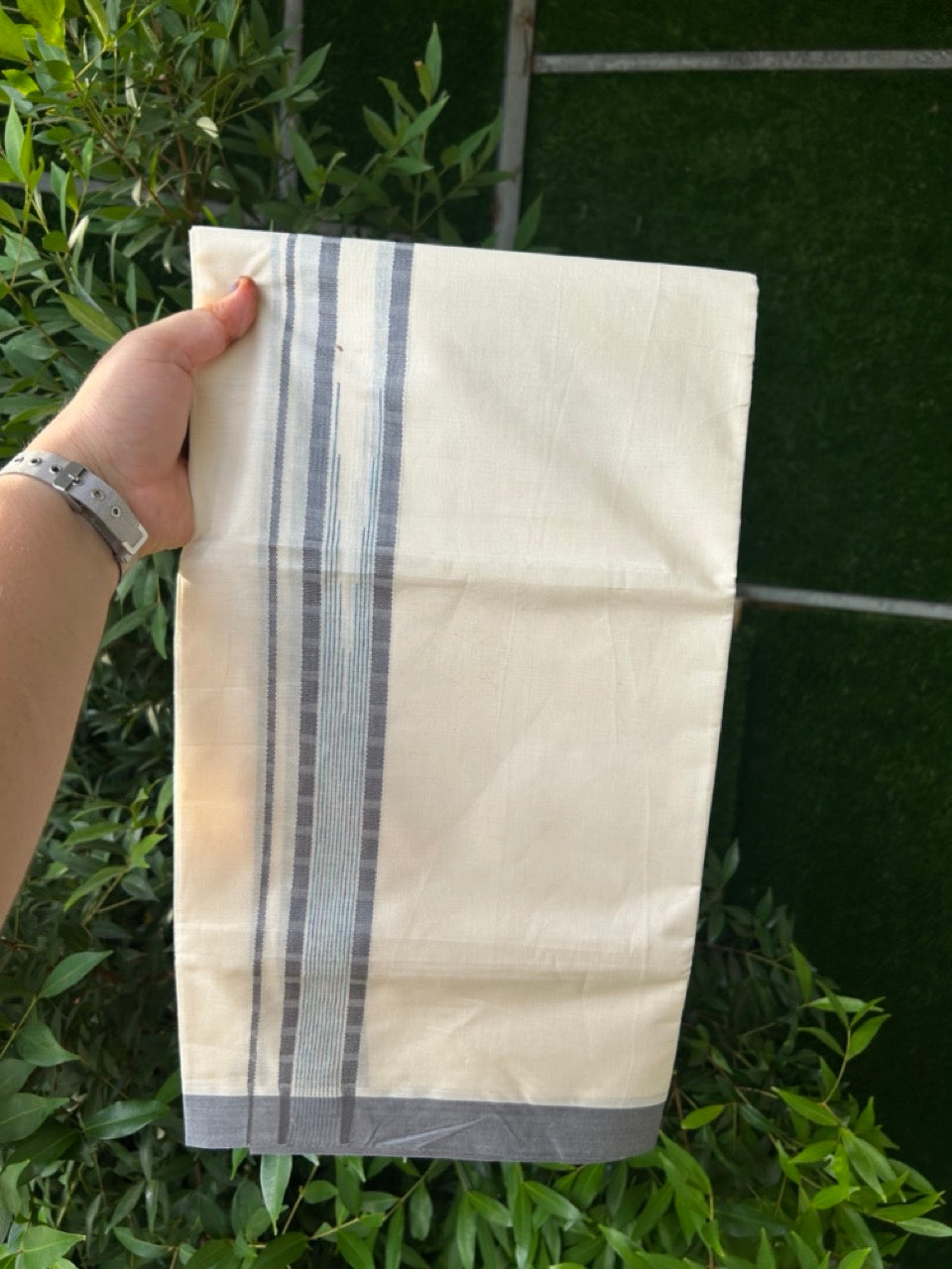20% Discount! KaithariKada Balaramapuram 100% Cotton Double off white (Unbleached) Mundu/Dhoti - 100X80 - 1.75 inch Ash Grey Striped chutty Kara 4 mtr (8.5 Muzham) - 54 KK5283 PMC