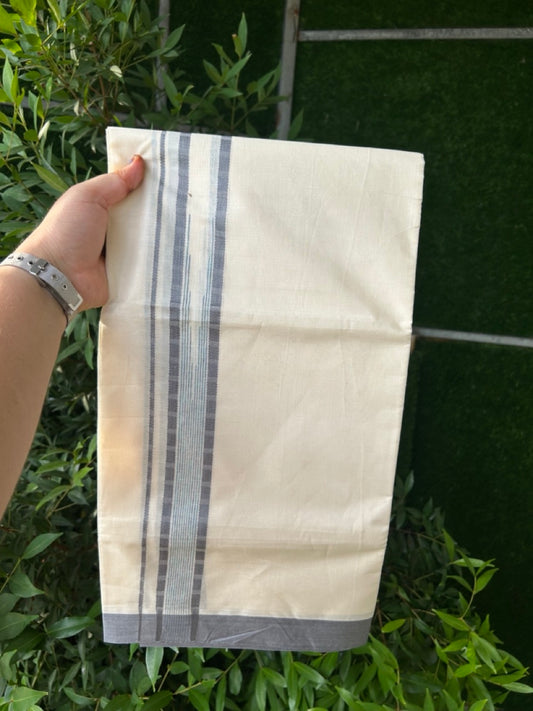 20% Discount! KaithariKada Balaramapuram 100% Cotton Double off white (Unbleached) Mundu/Dhoti - 100X80 - 1.75 inch Ash Grey Striped chutty Kara 4 mtr (8.5 Muzham) - 54 KK5283 PMC