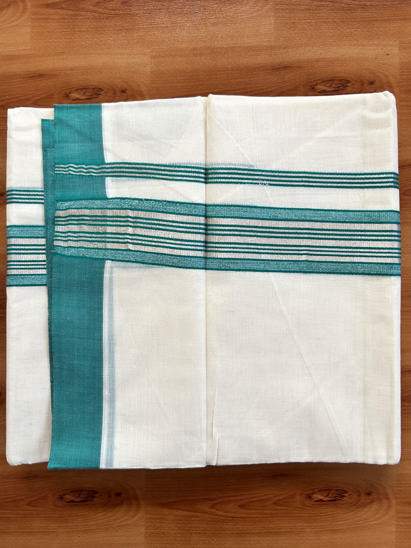 Double Off White  Mundu/Dhoti- 20% Discount! KaithariKada Balaramapuram Pure Cotton - 80s - 1.5 inch Silver Kasav & Light Green Striped Kara - 4mtr (8.5muzham) - 12 KK5417 VAS