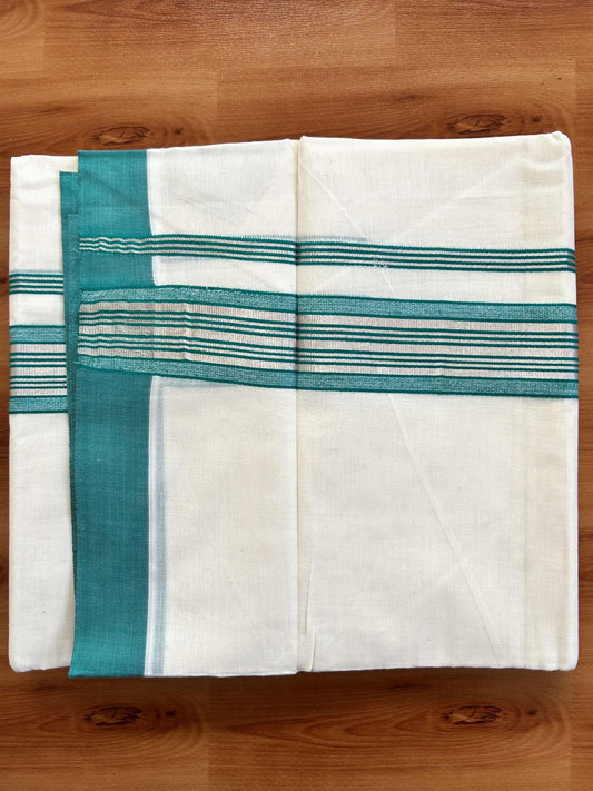 Double Off White  Mundu/Dhoti- 20% Discount! KaithariKada Balaramapuram Pure Cotton - 80s - 1.5 inch Silver Kasav & Light Green Striped Kara - 4mtr (8.5muzham) - 12 KK5417 VAS