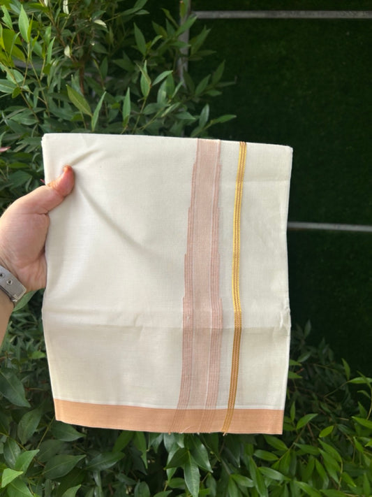 20% Discount ! Kaitharikada Balaramapuram 100% Pure Cotton Double Off white (Unbleached) Mundu/Dhoti - 100x80 - 1.75 inch Light Orange Stripes Chutty Kara - 12 KK5283 PMC